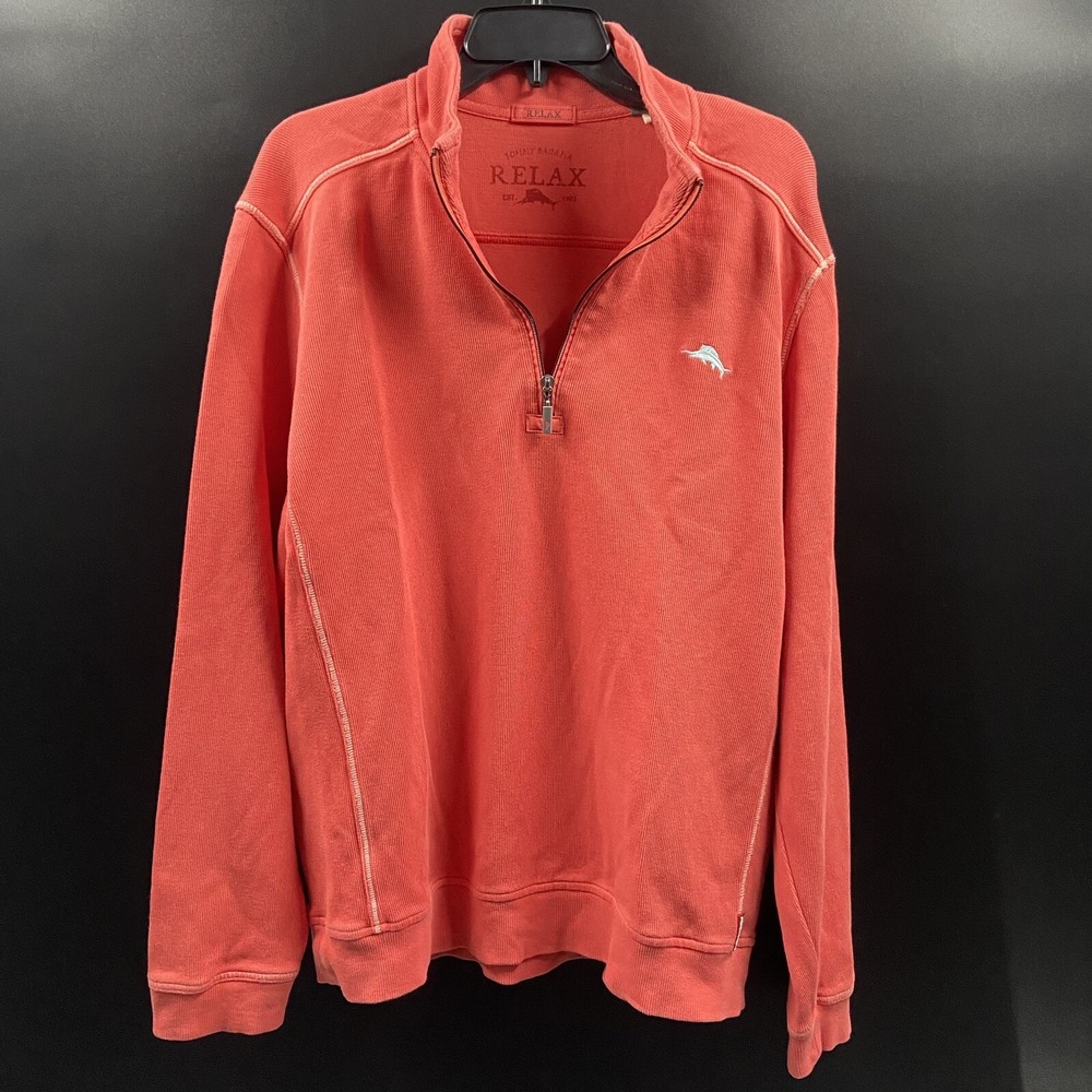Tommy Bahama Mens L 1/4 Zip Relax‎ Pullover Sweater Peach Orange Mock Neck